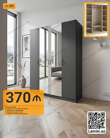 Мебель: 4 qapılı dolab – minimalist dizayn, güzgülü ön panel - Ölçülər: E 47 — 1