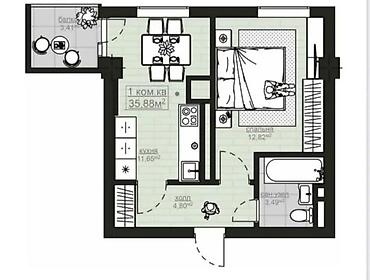 1 комната, 36 м², Асанбай мкр Элитка, 5 этаж, ПСО (под самоотделку)