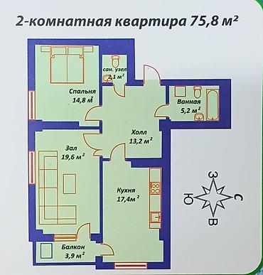 1300: 2 комнаты, 76 м², Рабочий Городок Элитка, 6 этаж, ПСО (под самоотделку) — 6