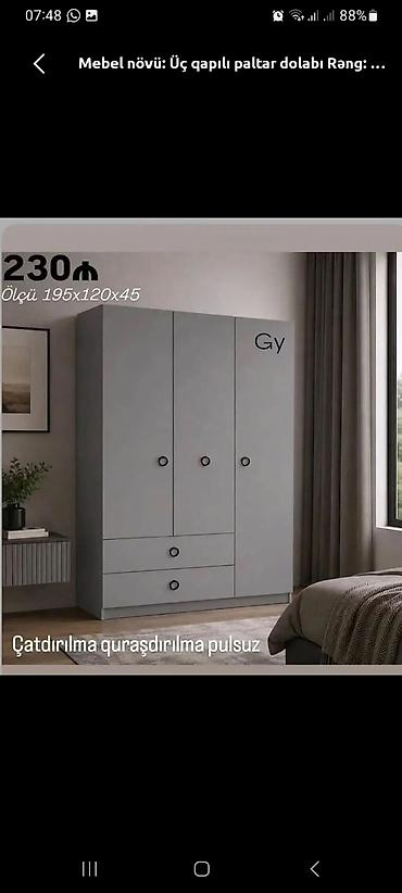 sirmə: Üç qapılı paltar dolabı – müasir minimal dizayn, boz rəng. Ölçü: 195 × — 1