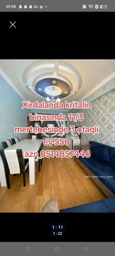 Uzunmüddətli kirayə mənzillər: Kristalin binasinda 13/3 mertebesinde 3 otaqli ev 550 azn evde bütun — 1