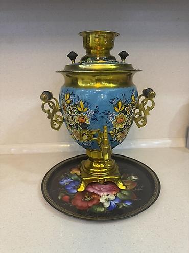 samavar: Rəngli naxışlı metal samovar + dekorativ sini - Material: metal — 2