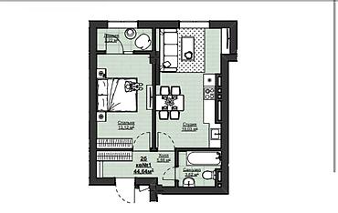 12: 1 комната, 44 м², Асанбай мкр Элитка, 12 этаж, ПСО (под самоотделку) — 2