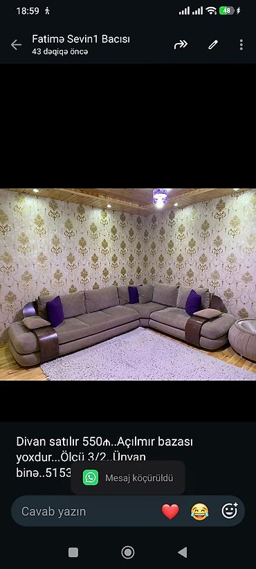 Divan satılır 550₼. Açılmır bazası yoxdur. Ölçü 3/2. Ünvan