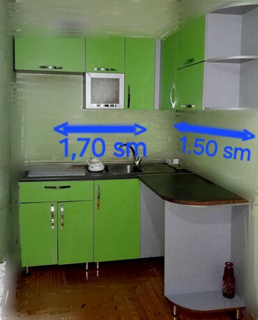 офисная мебель: Mətbəx mebel dəsti – L formalı, yaşıl-boz rəng kombinasiyasında