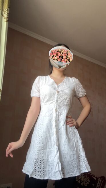 платья белые: Повседневное платье, Лето, Короткая модель, Хлопок, One size