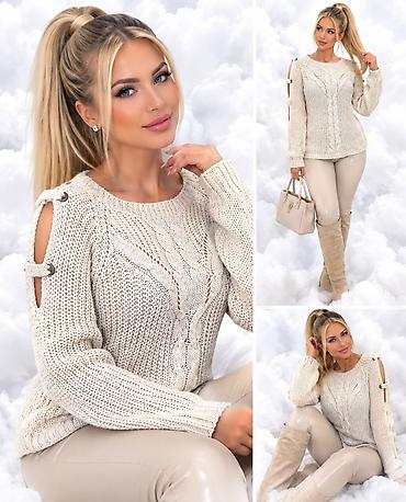 boho ogrlice: Ženski pleteni džemper, krem/bež boje. - Dizajn: klasičan okrugli — 1