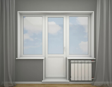 балконные шкафы: Балконный блок из белого ПВХ, состоящий из дверной секции и двух