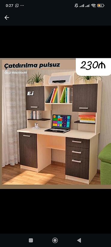 kitab dolabi: İki rəngli iş masasının üst dolablı modeli Ölçü: 150 × 170 × 50 sm — 1