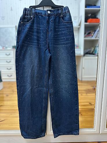 Cinslər və şalvarlar: Qızlar üçün geniş kəsimli cins şalvar - Rəng: tünd mavi denim - — 1