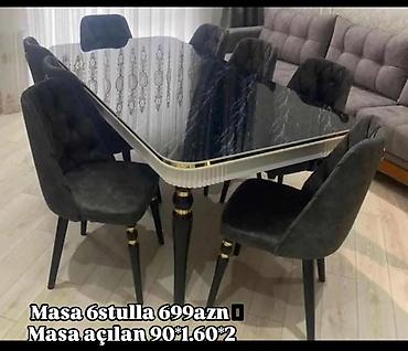 drel dəsti: Yemək otağı dəsti – masa və 6 stul. - Masa: qara mərmər naxışlı — 1