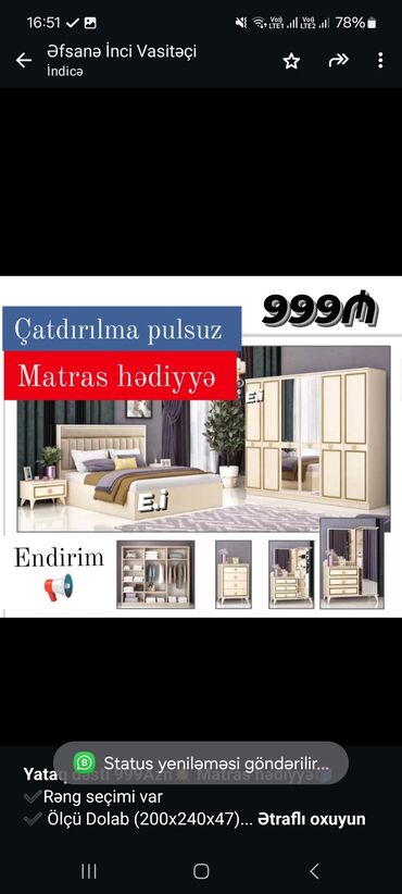 yildiz yataq desti: *Yataq dəsti 999Azn💥 Matras hədiyyə🎁* ✔️Rəng seçimi var ✔️ Ölçü Dolab