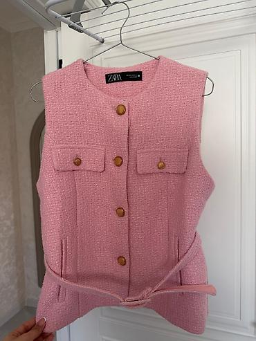 kətan şalvarlar: ZARA qadın jileti – tweed fakturalı, açıq çəhrayı rəng. - Model — 5