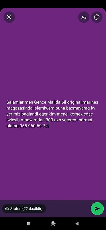 satici kassir: Gəncə Mall-da "Original Marines" mağazasında 6 il iş təcrübəsi olan — 1