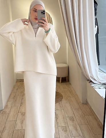 одежда для беременных женщин: Костюм-двойка в стиле modestwear: вязаный свитшот на молнии + длинная — 5