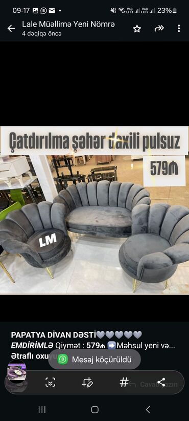 divan madera: *PAPATYA DİVAN DƏSTİ🩶🩶🩶🩶🩶* _*EMDİRİMLƏ*_ Qiymət : *579₼* ➡️Məhsul