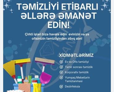 чистка мебели на дому: Təmizlik | Ofislər, Mənzillər, Evlər | Gündəlik təmizlik, Pəncərələrin, fasadların yuyulması, Çılçıraqların yuyulması və təmizlənməsi