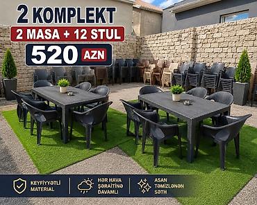 həsir stol: 🌿 Bağ və həyət üçün plastik masa-stul dəsti ✅ 2 Komplekt – 2 Masa + 12 — 1