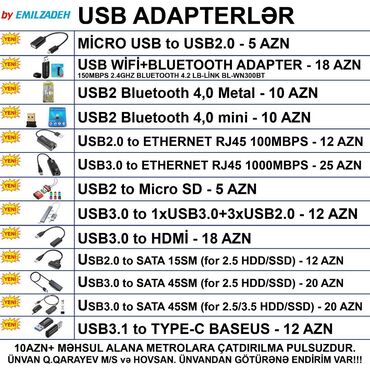 Masaüstü kompüterlər və iş stansiyaları: Usb adapterlər ünvandan götürənə endi̇ri̇m var!!! 📍ünvan: qara qarayev