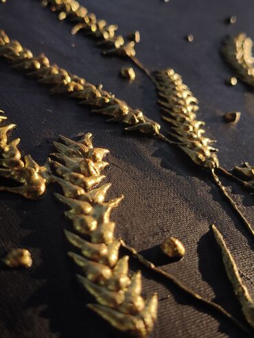 Şəkillər, tablolar: Əl işim "Sünbüllər" dekorativ tablo – qara fon üzərində qızılı sünbül — 11