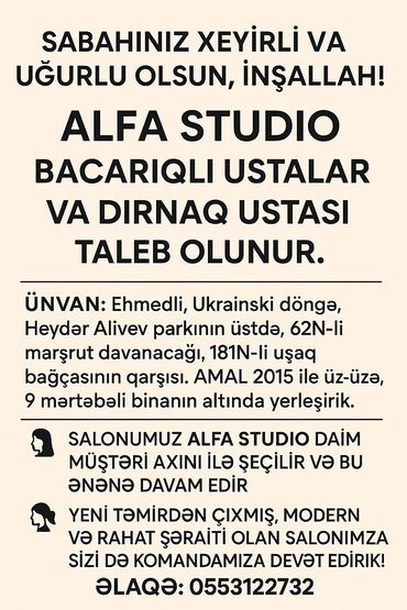 iş elanları azerbaycan: Dırnaq ustası tələb olunur, Fiks edilmiş ödəniş, 3-5 illik təcrübə
