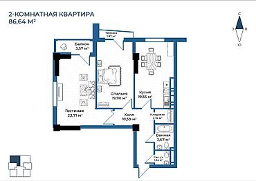 Продажа квартир: 2 комнаты, 87 м², Асанбай мкр Элитка, 11 этаж, ПСО (под самоотделку) — 2