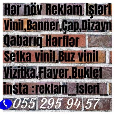 antimoskitnaya setka в Азербайджан: Reklam isleri
Hər növ Reklam işləri
Vinil Baner Çap Dizayn
Qabarıq Hə