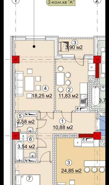 элитный дом ош: 2 комнаты, 64 м², Элитка, 8 этаж, ПСО (под самоотделку)