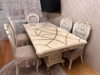 стол из блока цилиндров: Для гостиной, Б/у, Раскладной, Прямоугольный стол, 6 стульев