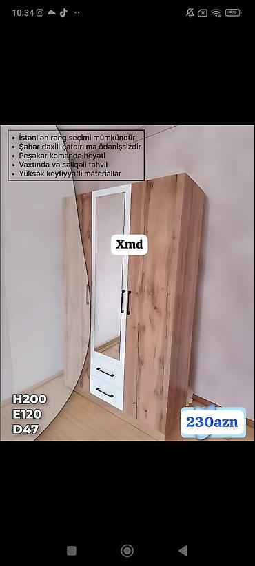 boy guzgulər: Üç qapılı paltar şkafı – güzgülü model - Ölçülər: H200 x E120 x D47 — 1