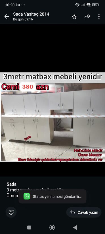 Mətbəx mebeli: *Sada* 3 metr mətbəx mebeli yenidir Ümumi qiyməti 380 AZN Hazırdır