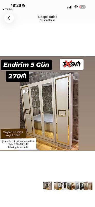 Ev üçün mebel: 4 qapılı dolab – ölçü: 200 x 160 x 47 sm - Rəng: açıq krem/bej — 1