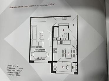 1комнатная квартира 39кв м: 1 комната, 48 м² — 3