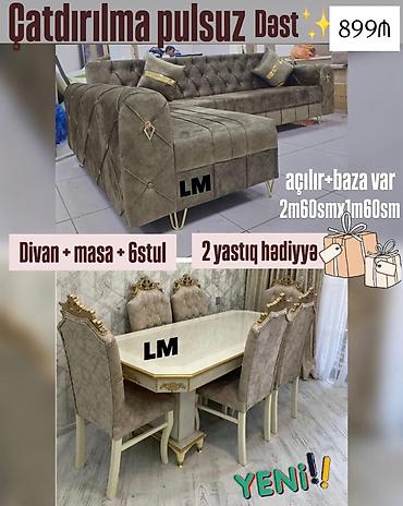 iwlenmiw stol stul: Dəst – Divan + masa + 6 stul – Divan L‑formalı, açılır və bazalı — 1