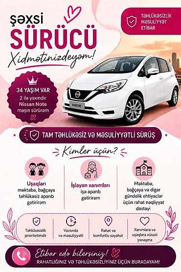 bagcada is: Şəxsi sürücü, 34 yaş, stajı 2 il, Şəxsi nəqliyyat vasitəsi ilə — 1