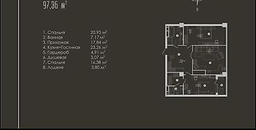 residence: 2 комнаты, 97 м², Золотой квадрат Элитка, 15 этаж, ПСО (под самоотделку) — 2