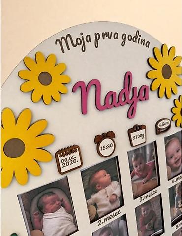 година прође, дан никад: Personalizovani ram “Moja prva godina” – drvena tabla sa 12 prozorčića — 2