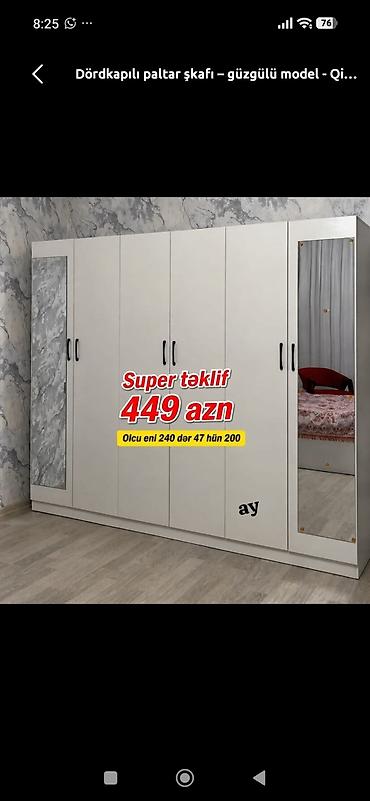 paneli: Dördkapılı paltar şkafı – güzgülü model - Ölçü: eni 240 sm, dərinliyi — 1