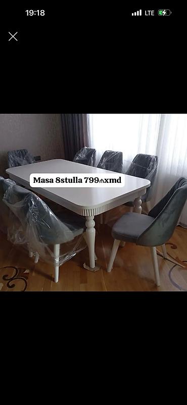 Masa və 8 ədəd stul dəsti - Dəst: 1 ədəd düzbucaqlı ağ yemək masası +