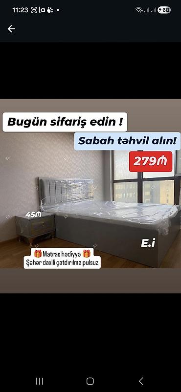 taxta stular: Müasir dizaynlı çarpayı və tumba dəsti - Rəng: boz - Yumşaq başlıq — 1