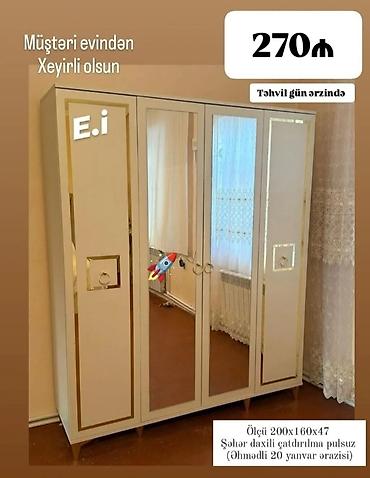 geyim dolabi: Yeni, 4 qapılı, Güzgülü, Ağ, Açılan, Düz dolab — 1