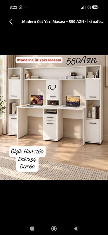 Modern Cüt Yazı Masası – 550 AZN İki nəfərlik, funksional və estetik