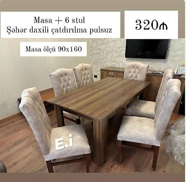 Mətbəx/Qonaq otağı dəsti: - Masa + 6 stul - Masa ölçüsü: 90x160 sm -