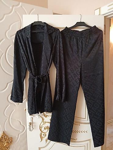 cool paltarlar: Qadın pijama stildə şalvar + kimano dəsti – qara rəng, atlas parça - — 1