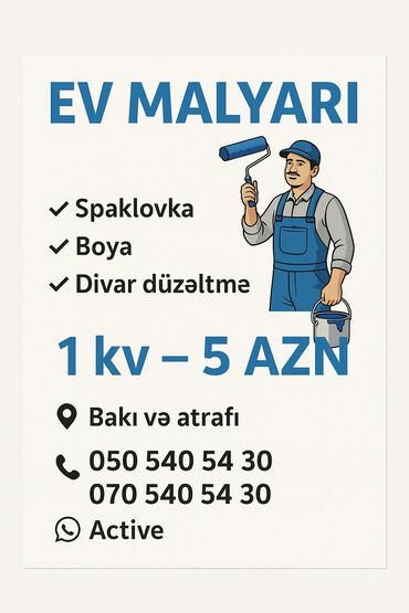 Digər tikinti xidmətləri: Men usta malyar Bakı sumqayıt ERAZİLERİ 1kv 5 azn