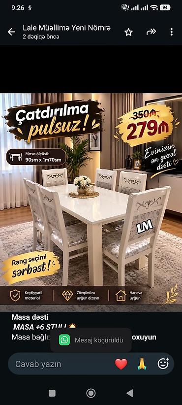 taxta stullar: *Masa dəsti* _*MASA +6 STULL💥*_ Masa bağlı: 90×1. 70:*279₼* — 1