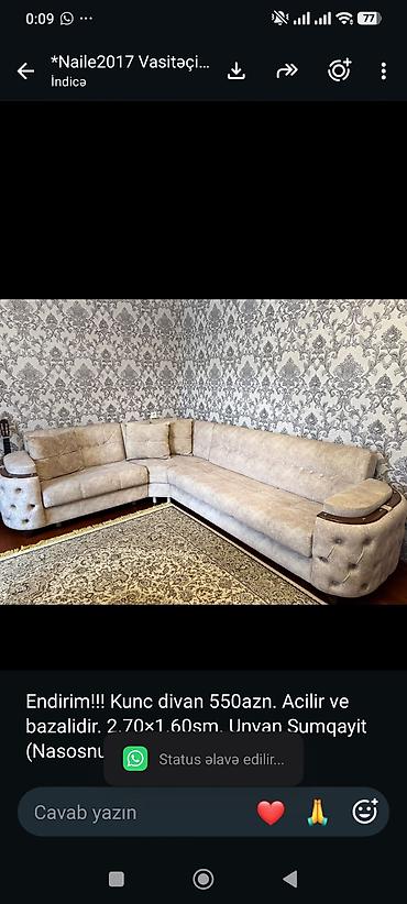Endirim!!! Kunc divan 550azn. Acilir ve bazalidir. 2.70×1.60sm. Unvan