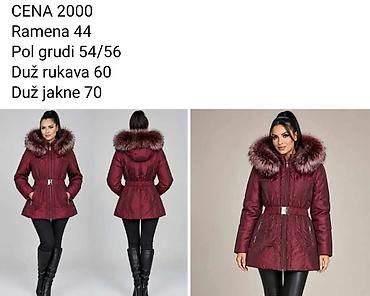 Ženska zimska jakna, bordo boje, sa kapuljačom ukrašenom bogatim