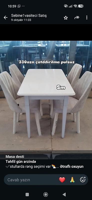 Masa dəsti - Komplekt: 1 ədəd düzbucaqlı yemək masası + 4 ədəd yumşaq