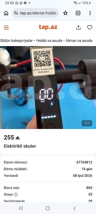 Elektrikli skuter - Qatlanan, yüngül şassi və komfortlu rezin